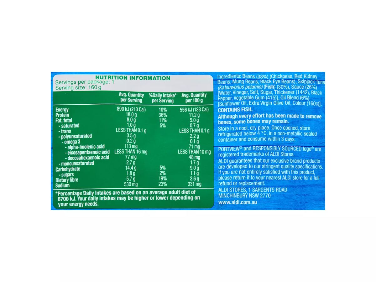 Pack photograph of PORTVIEW Tuna With 4 Bean Mix 160g showing the printed nutrition panel