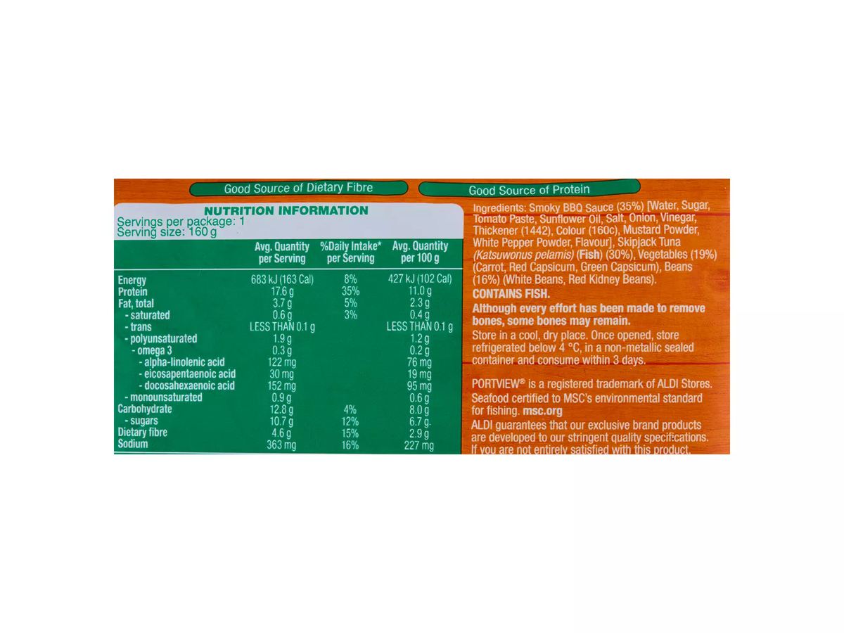Pack photograph of PORTVIEW Smoky BBQ Tuna With Beans 160g showing the printed nutrition panel