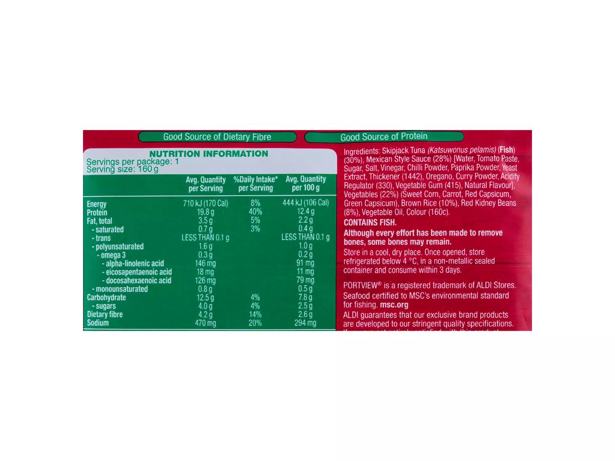 Pack photograph of PORTVIEW Spicy Mexican Style Tuna With Beans 160g showing the printed nutrition panel