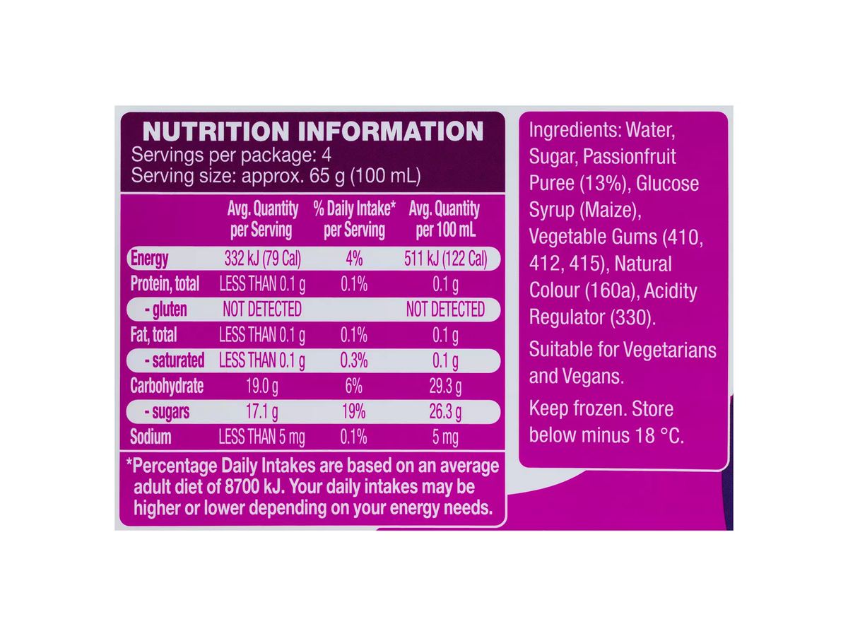 Pack photograph of LITTLE SPOON Passionfruit Sorbet 4 Pack 400ml showing the printed nutrition panel