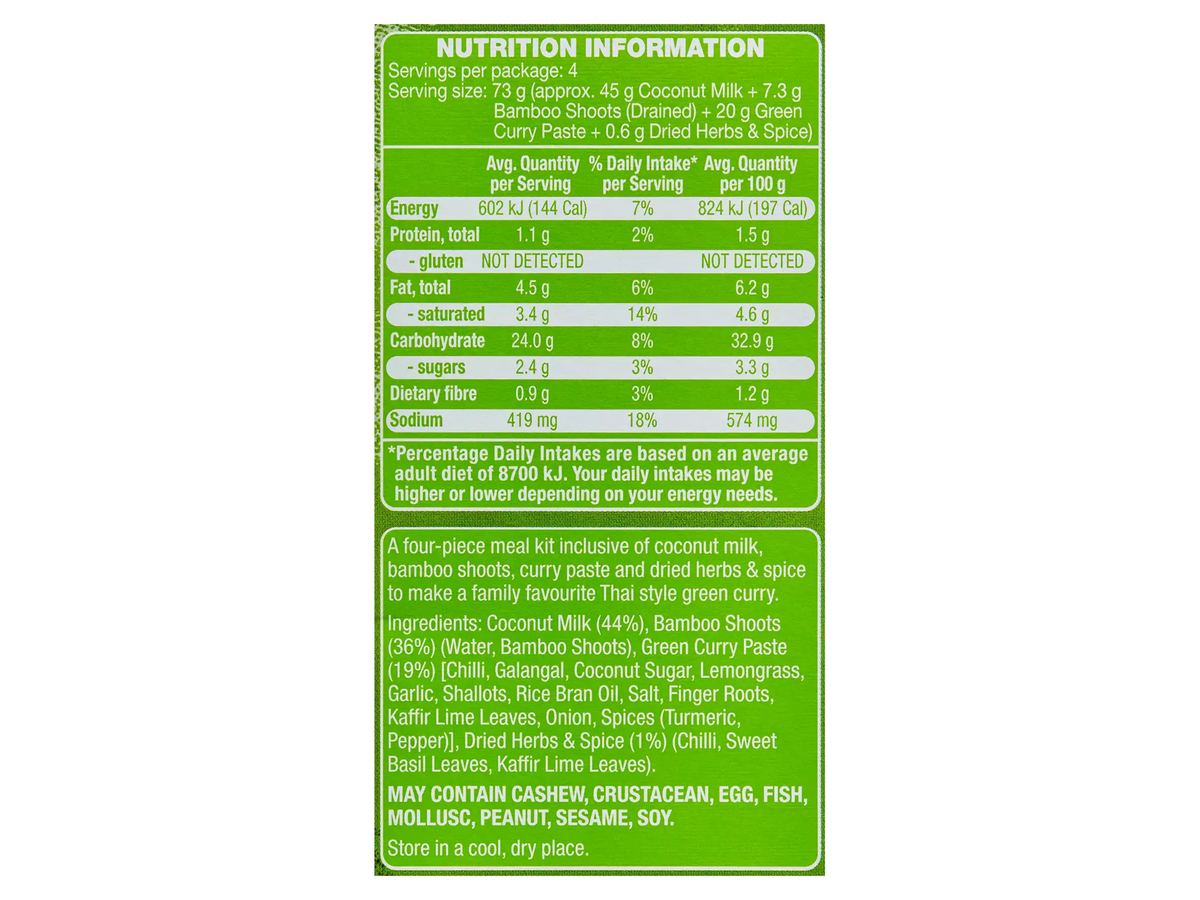 Pack photograph of URBAN EATS Thai Green Curry Meal Kit 412g showing the printed nutrition panel