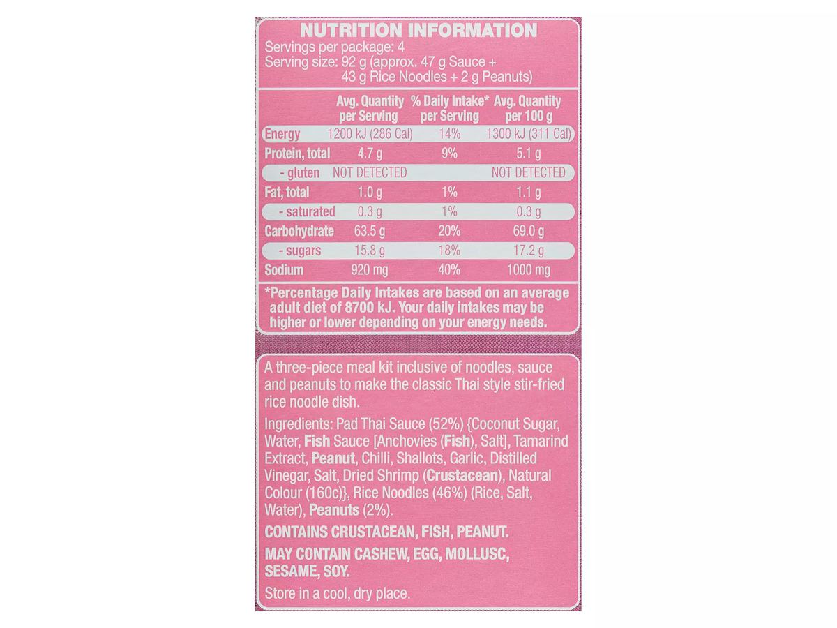 Pack photograph of URBAN EATS Pad Thai Meal Kit 368g showing the printed nutrition panel