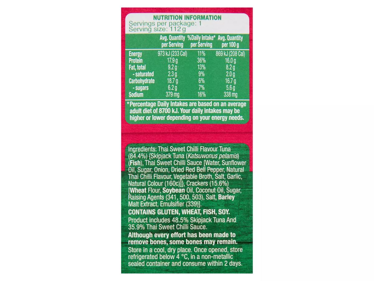 Pack photograph of PORTVIEW Thai Sweet Chilli Flavour Tuna Treats with Crackers 112g showing the printed nutrition panel