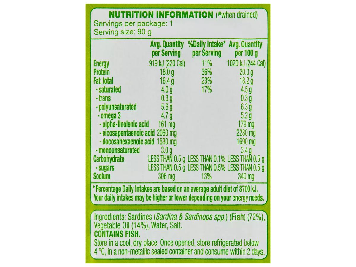 Pack photograph of OCEAN RISE Sardines in Oil 125g showing the printed nutrition panel