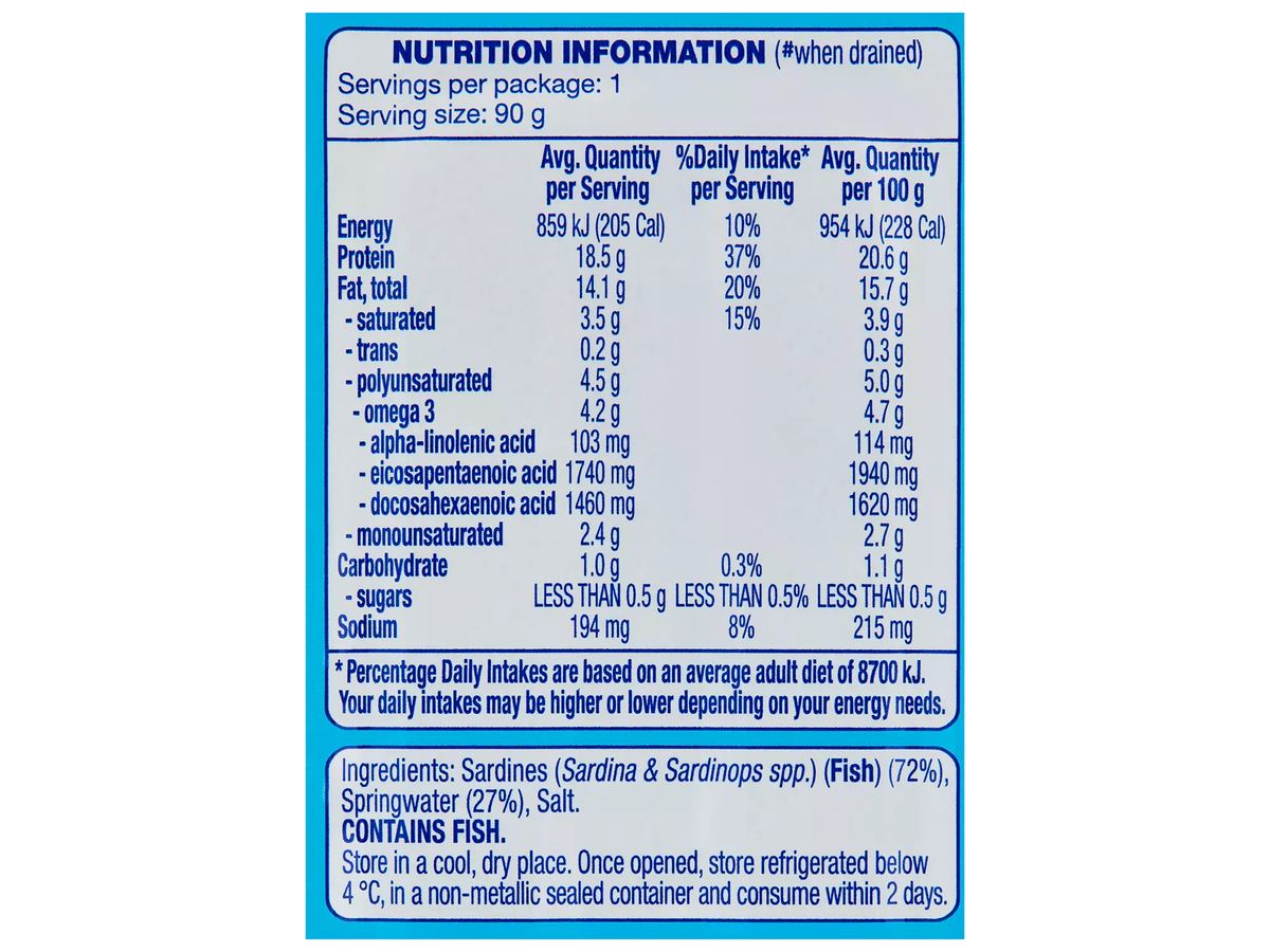 Pack photograph of OCEAN RISE Sardines in Springwater 125g showing the printed nutrition panel