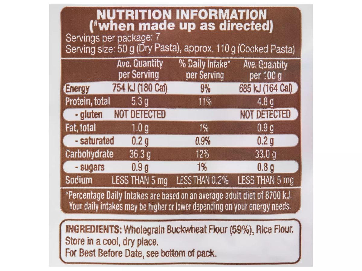 Pack photograph of REMANO Gluten Free Pasta Buckwheat Spirals 350g showing the printed nutrition panel