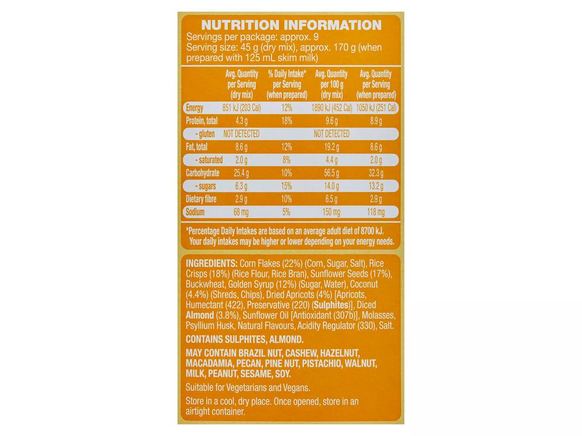 Pack photograph of OH SO NATURAL GLUTEN FREE Muesli Apricot Coconut 400g showing the printed nutrition panel