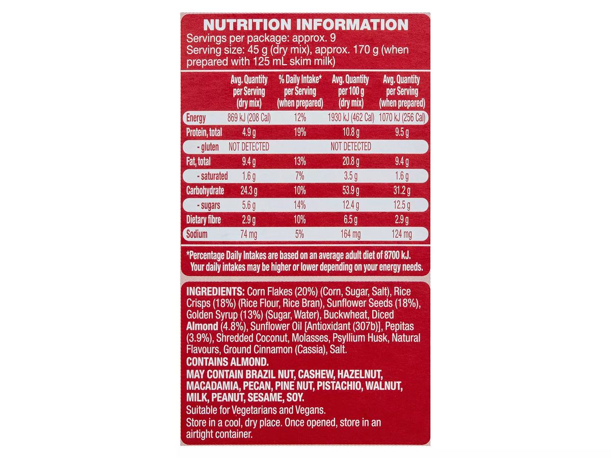 Pack photograph of OH SO NATURAL GLUTEN FREE Muesli Fruit Free 400g showing the printed nutrition panel