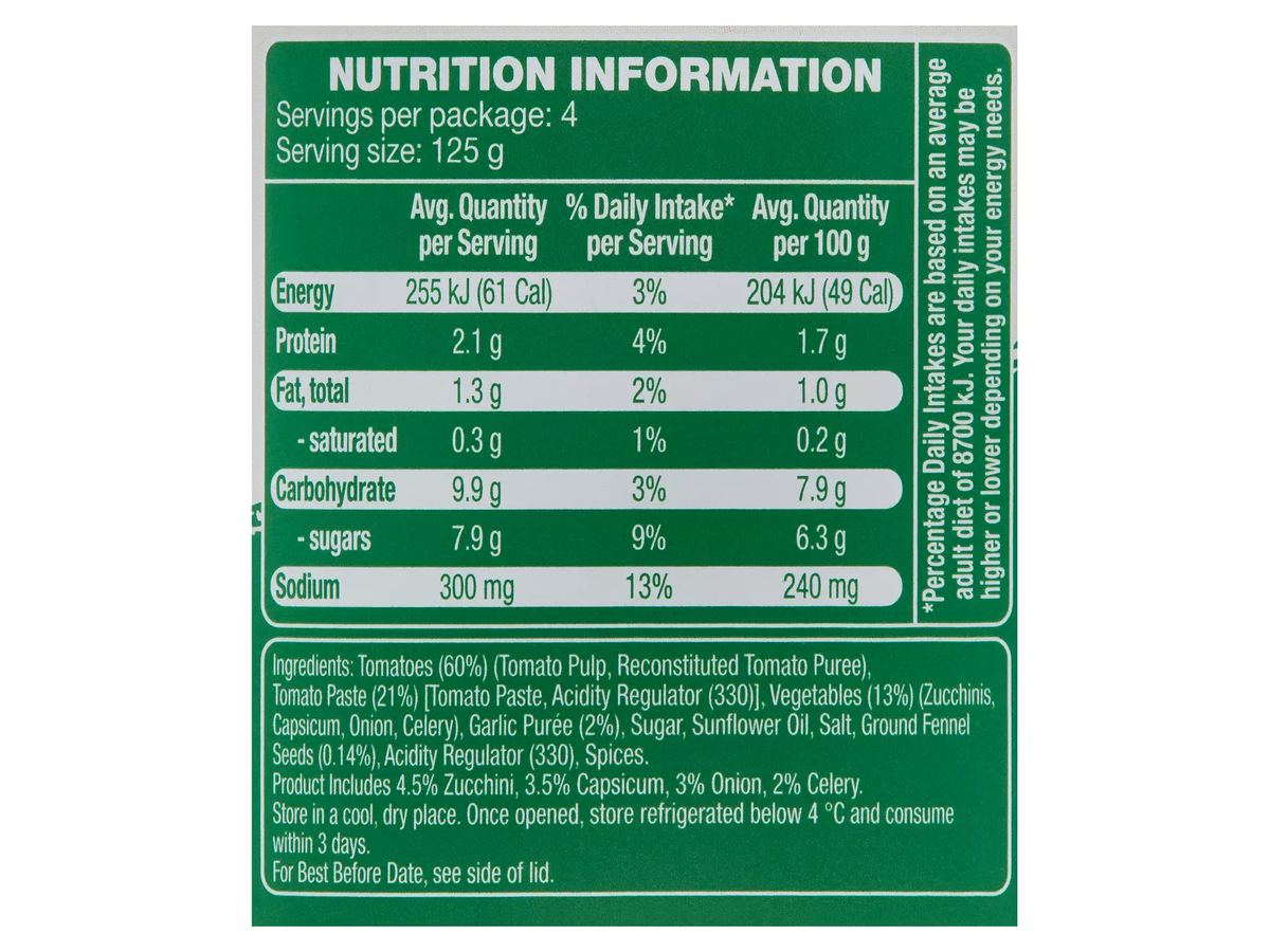 Pack photograph of REMANO Chunky Garden Vegetables Pasta Sauce 500g showing the printed nutrition panel
