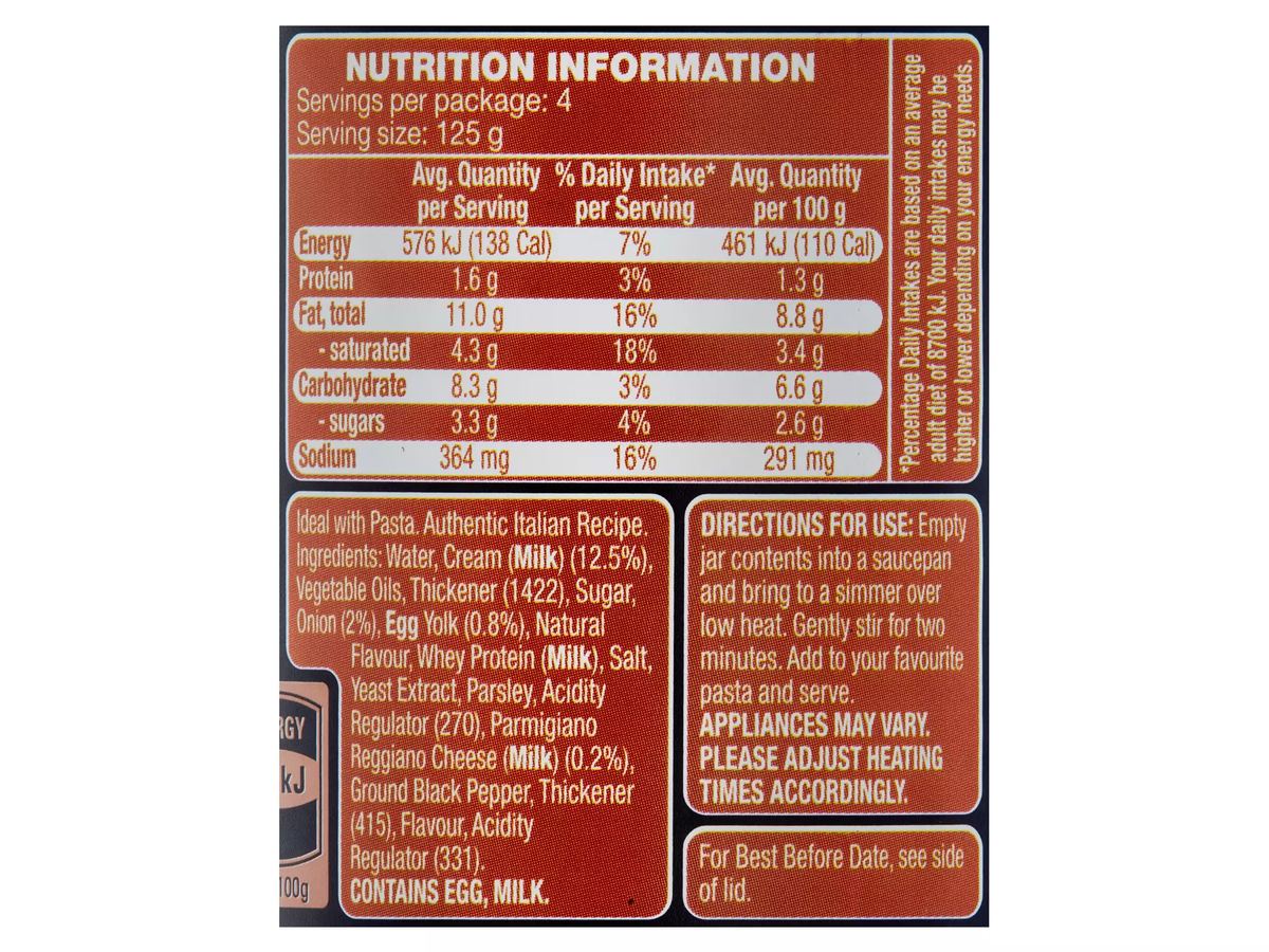 Pack photograph of CASA BARELLI Premium Carbonara Pasta Sauce 500g showing the printed nutrition panel