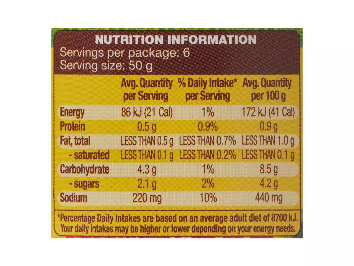 Pack photograph of EL TORA Salsa Dip Mild 300g showing the printed nutrition panel