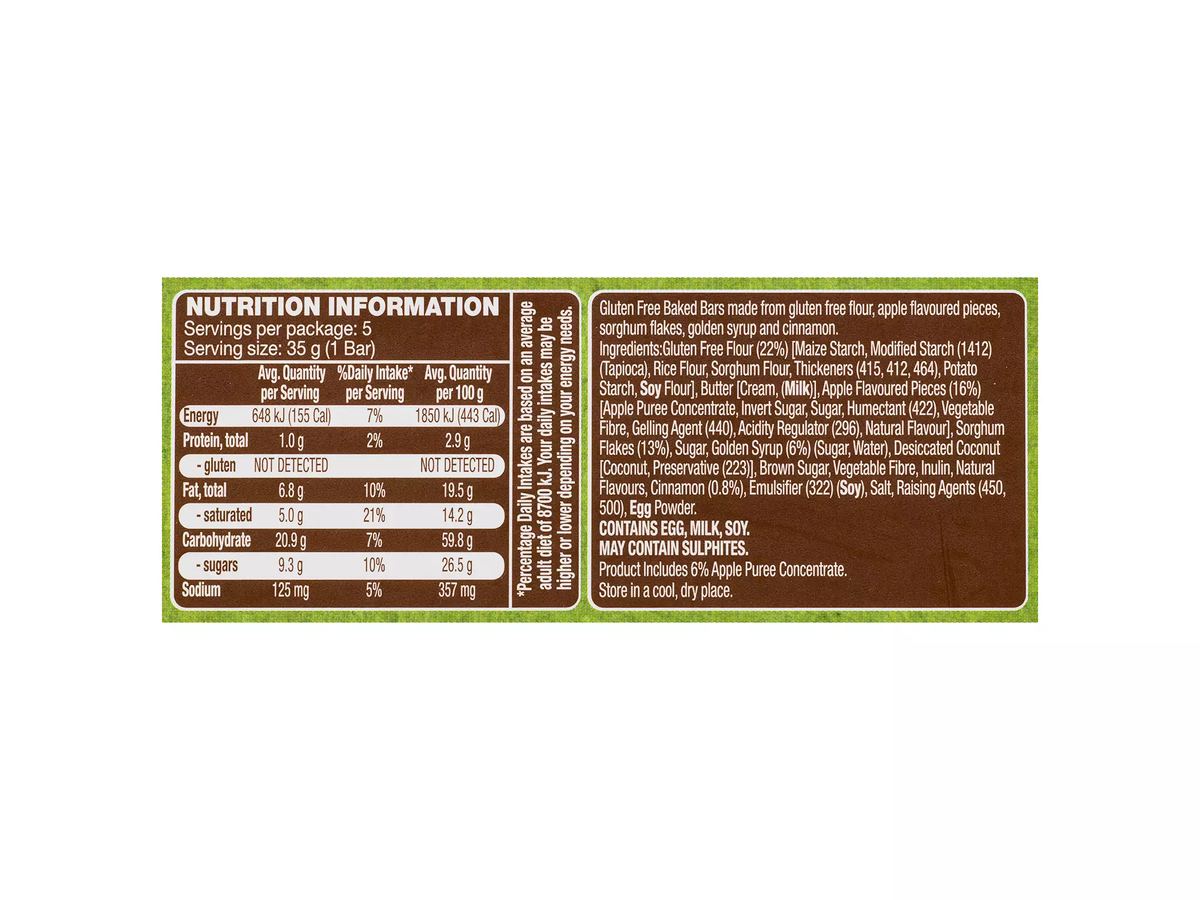 Pack photograph of HILLCREST Gluten Free Bars Apple & Cinnamon 5 Pack 175g showing the printed nutrition panel