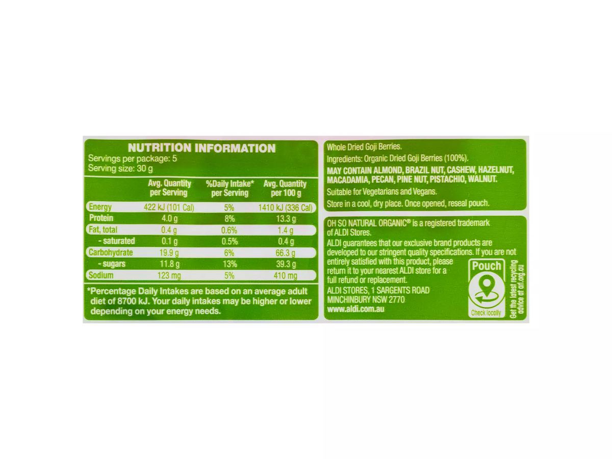 Pack photograph of OH SO NATURAL ORGANIC Organic Goji Berries 150g showing the printed nutrition panel