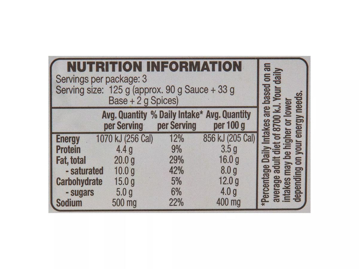 Pack photograph of URBAN EATS Korma Indian Meal Kit 375g showing the printed nutrition panel