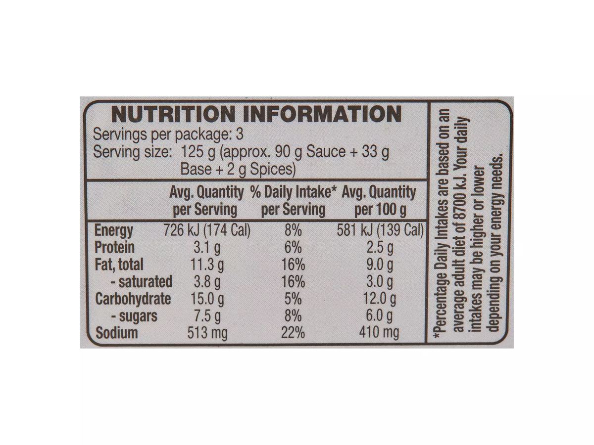 Pack photograph of URBAN EATS Tikka Masala Indian Meal Kit 375g showing the printed nutrition panel