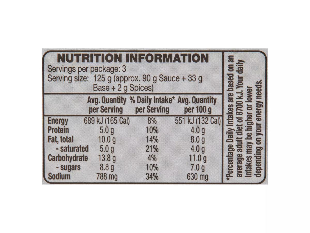 Pack photograph of URBAN EATS Indian Meal Kit Butter Chicken 375g showing the printed nutrition panel