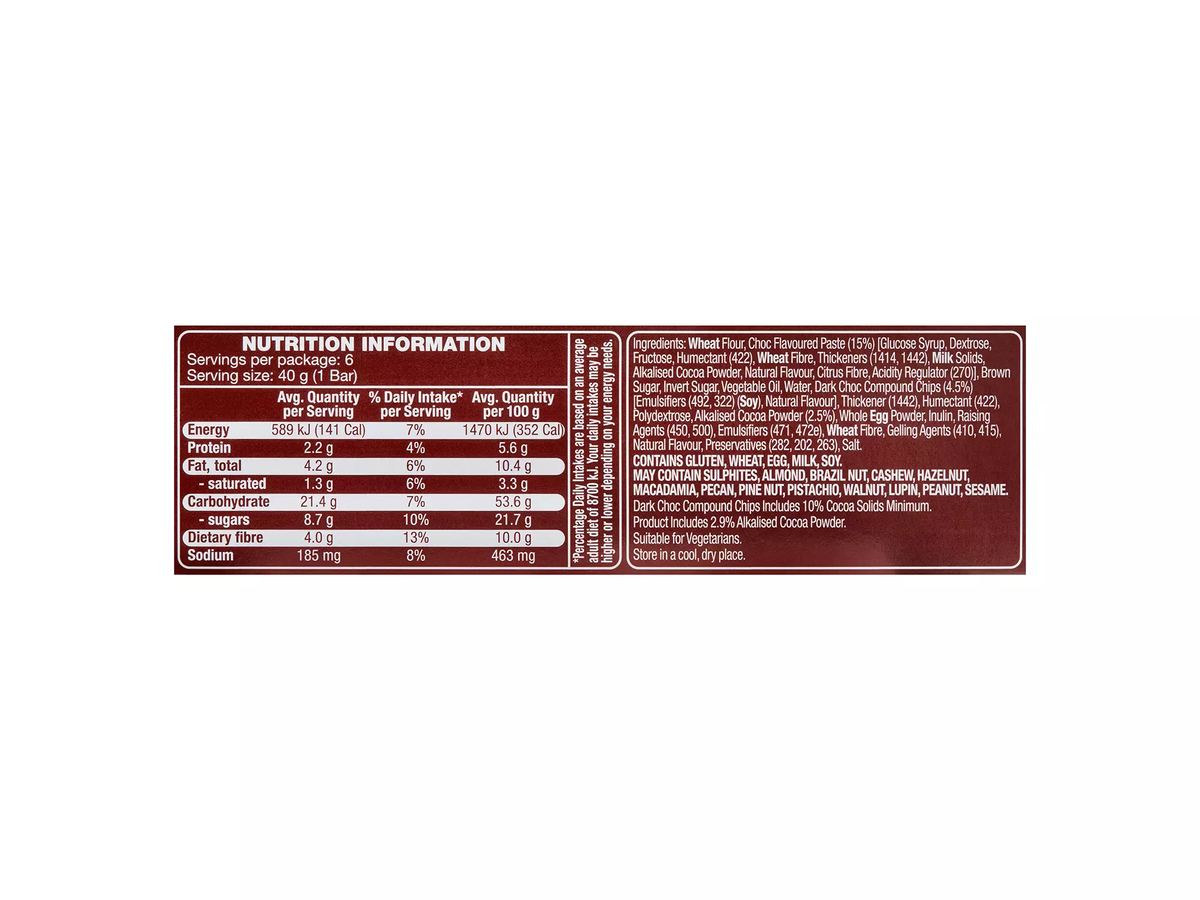 Pack photograph of HILLCREST Muffin Bars Choc Fudge 6 Pack 240g showing the printed nutrition panel