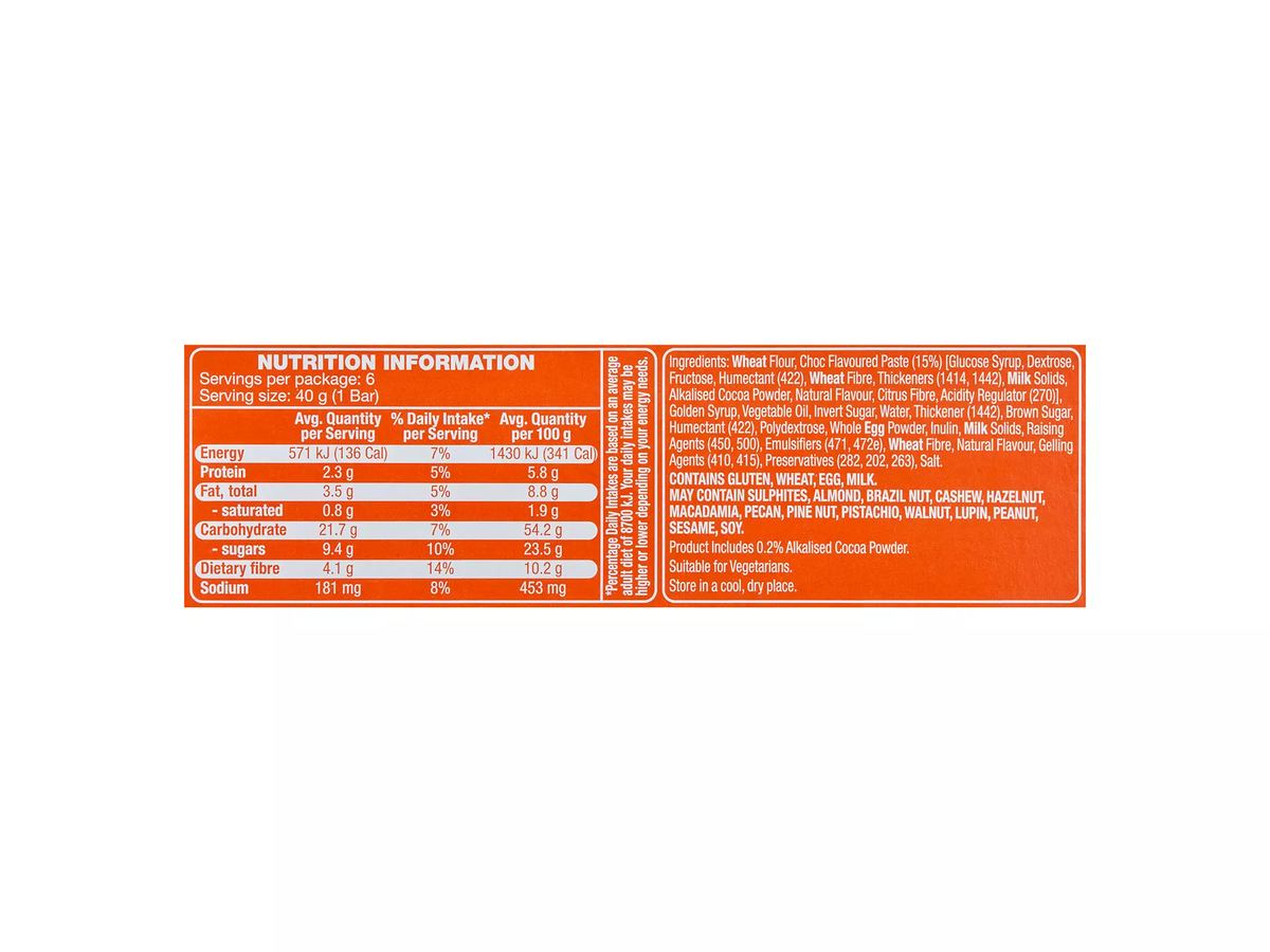 Pack photograph of HILLCREST Muffin Bars Caramel 6 Pack 240g showing the printed nutrition panel