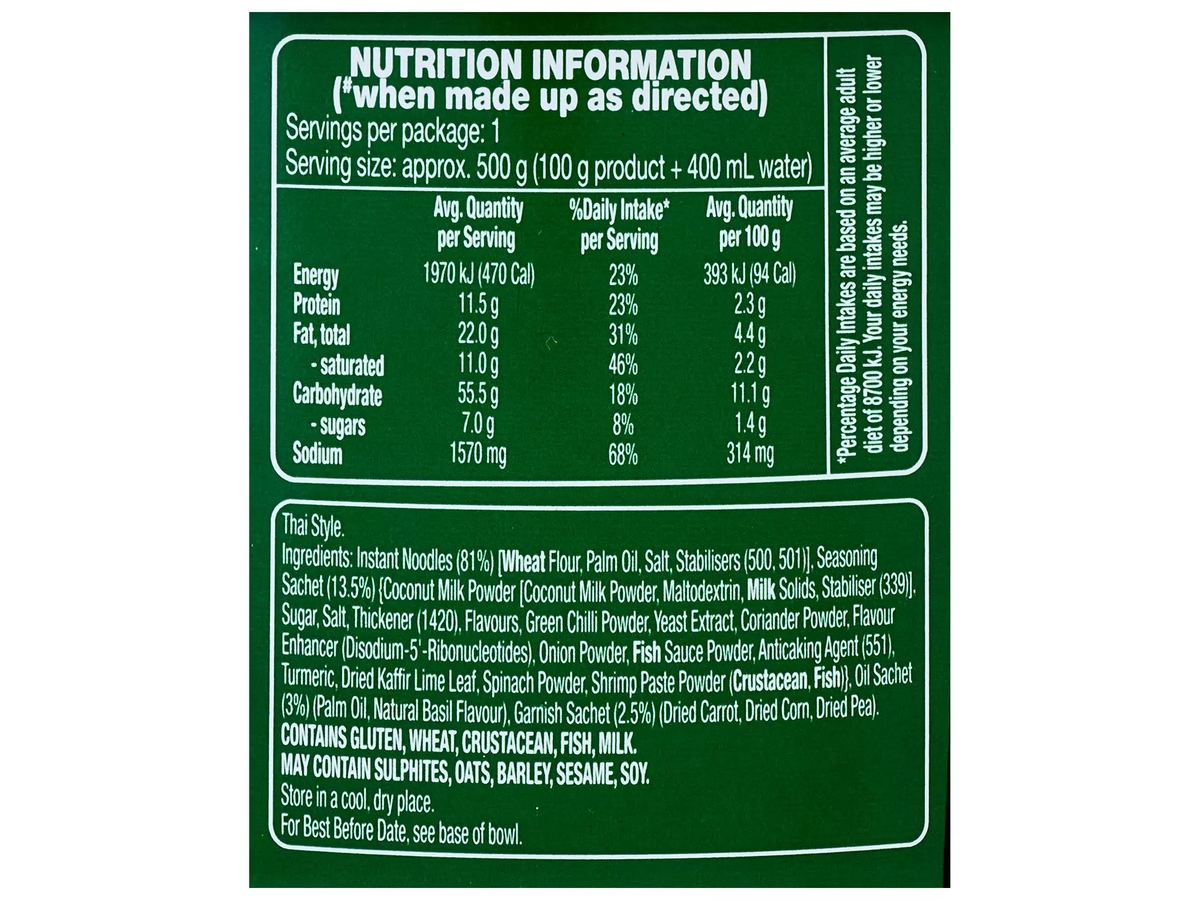 Pack photograph of URBAN EATS Green Curry Flavoured Noodle Bowl 100g showing the printed nutrition panel