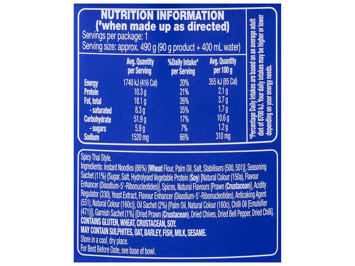 Pack photograph of URBAN EATS Tom Yum Flavoured Noodle Bowl 90g showing the printed nutrition panel