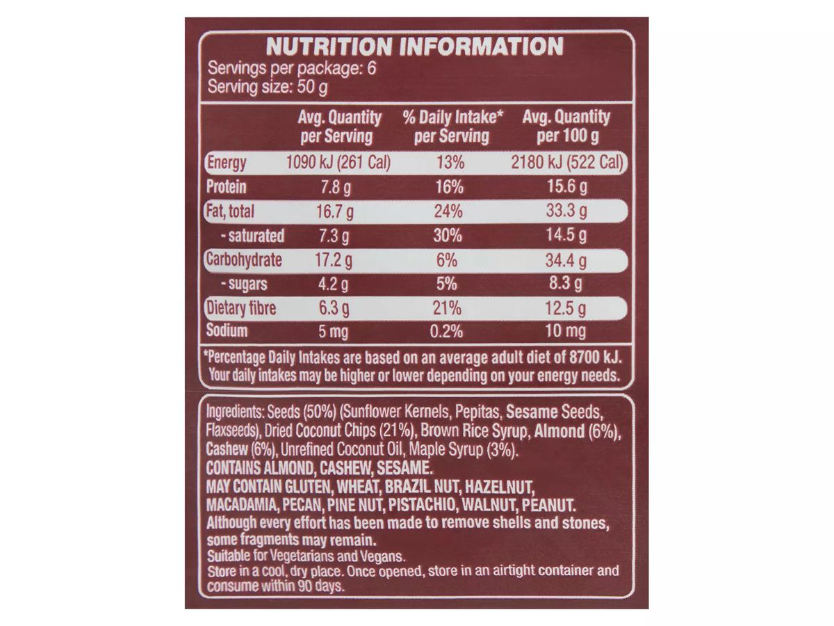 Pack photograph of GOLDENVALE Almond, Cashew & Maple Syrup Paleo Granola 300g showing the printed nutrition panel