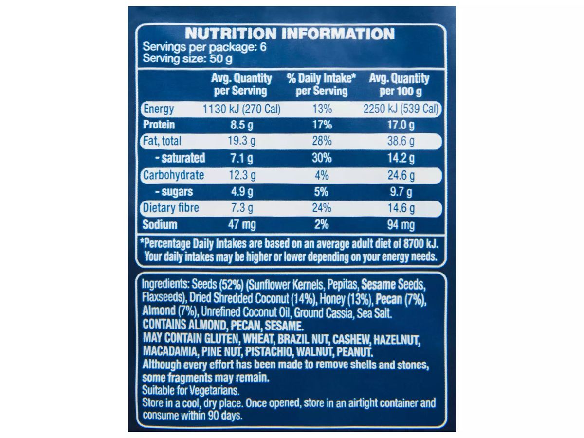 Pack photograph of GOLDENVALE Honey Pecan Paleo Granola 300g showing the printed nutrition panel