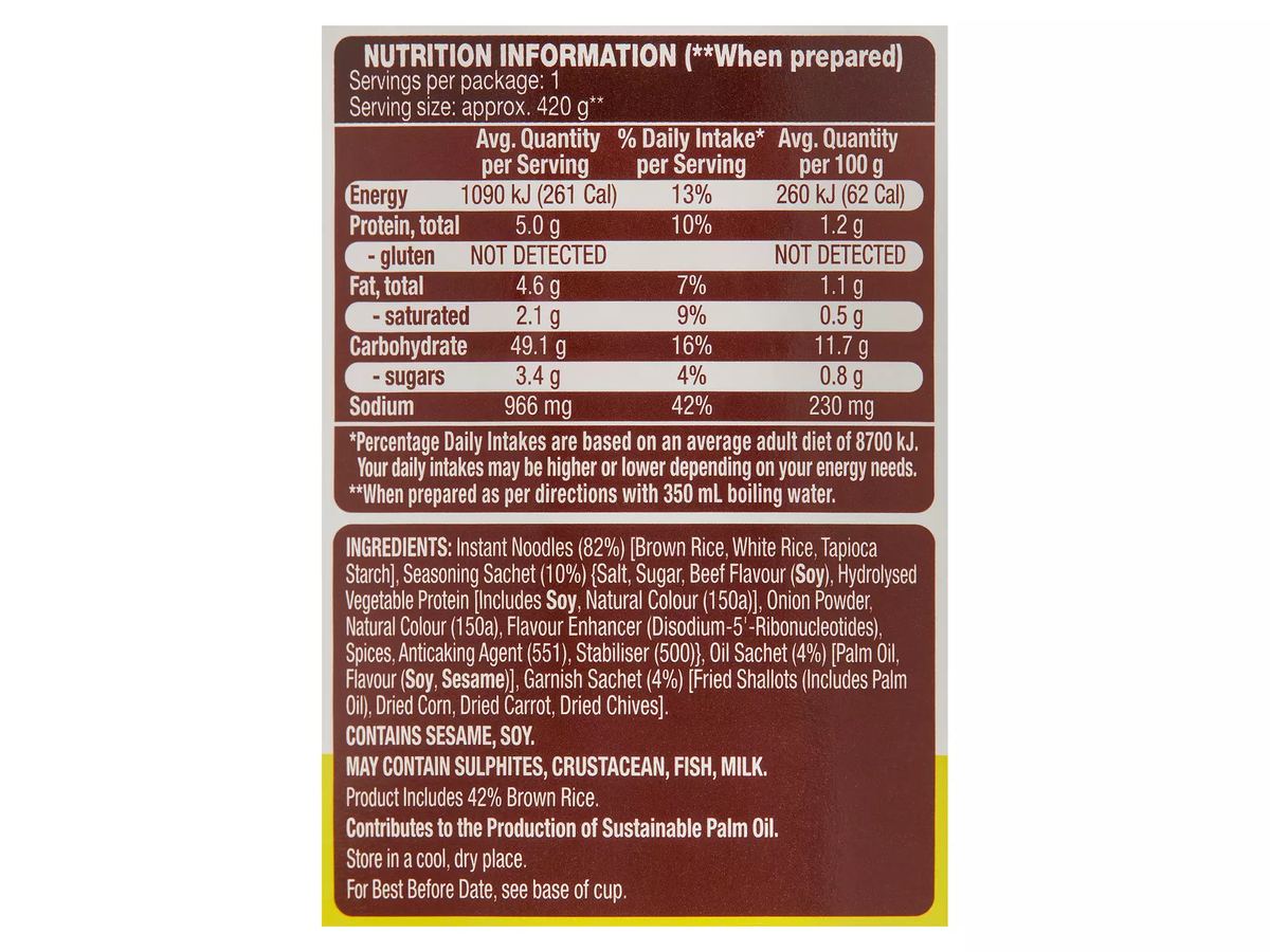 Pack photograph of SIMPLEE Gluten Free Beef Cup Noodle 70g showing the printed nutrition panel