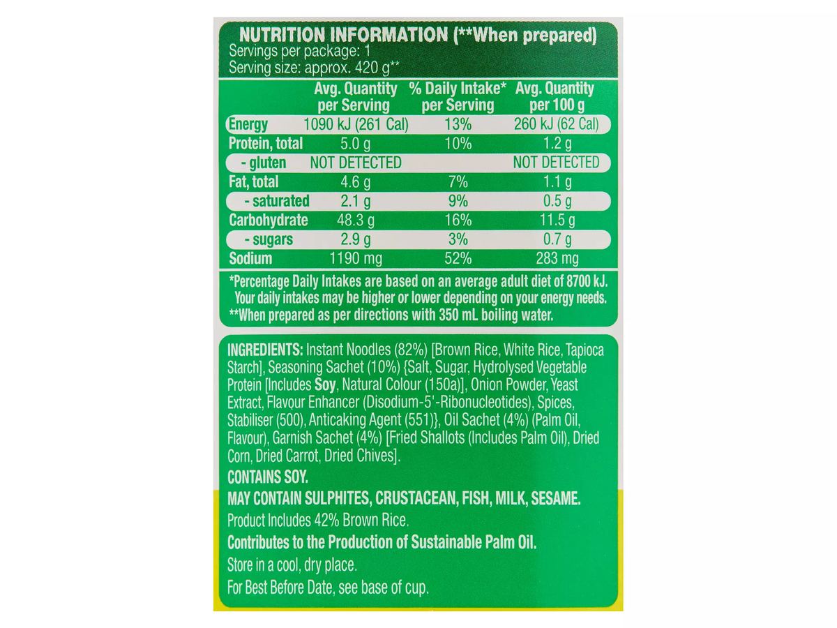 Pack photograph of SIMPLEE Gluten Free Chicken Cup Noodle 70g showing the printed nutrition panel