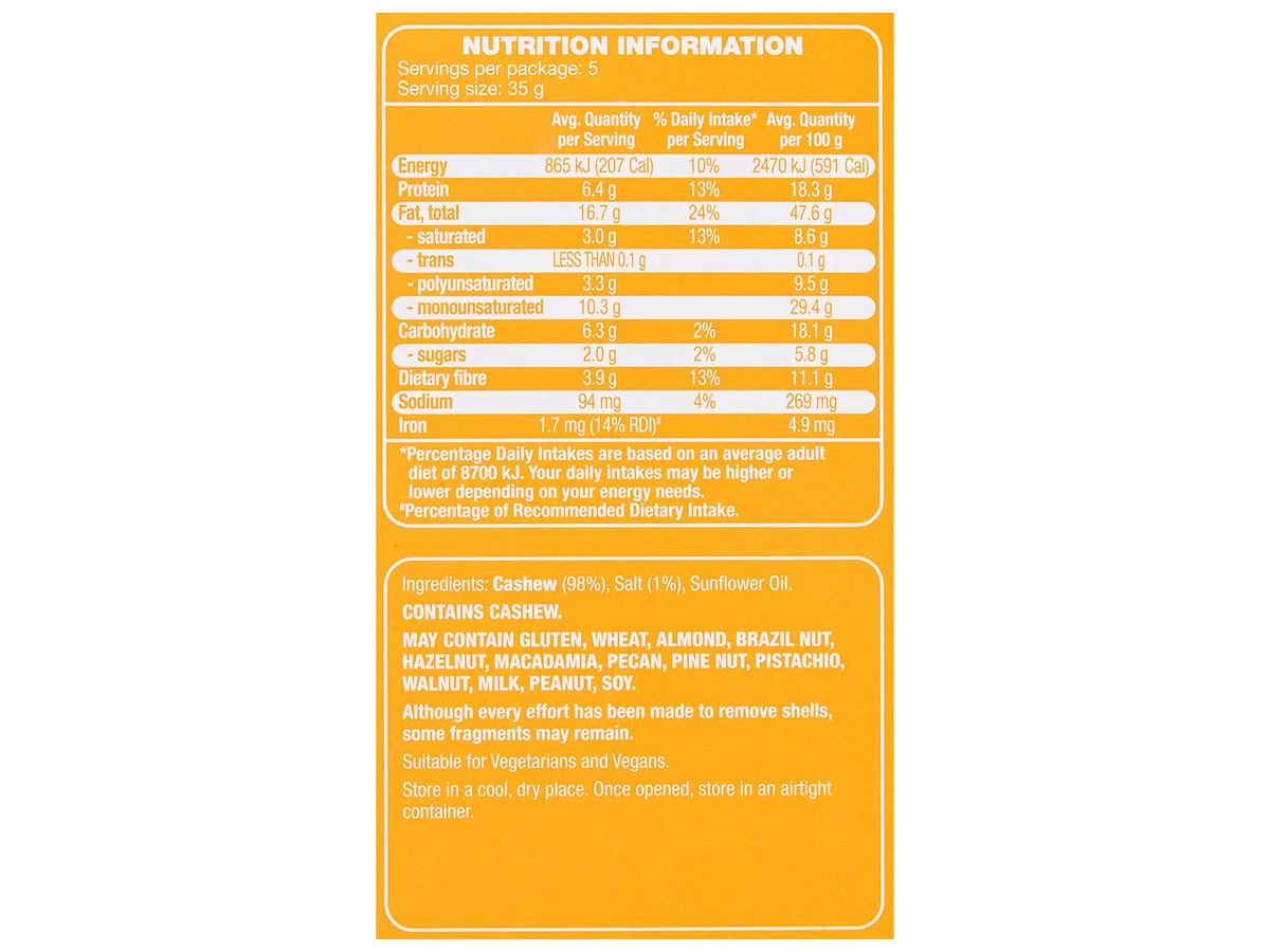 Pack photograph of FORRESTERS On The Go Roasted & Salted Cashews 5 Pack 175g showing the printed nutrition panel