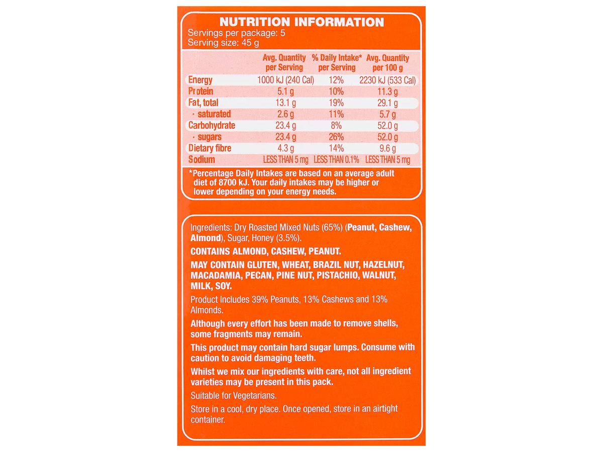 Pack photograph of FORRESTERS On The Go Dry Roasted Honey Mixed Nuts 5 Pack 225g showing the printed nutrition panel