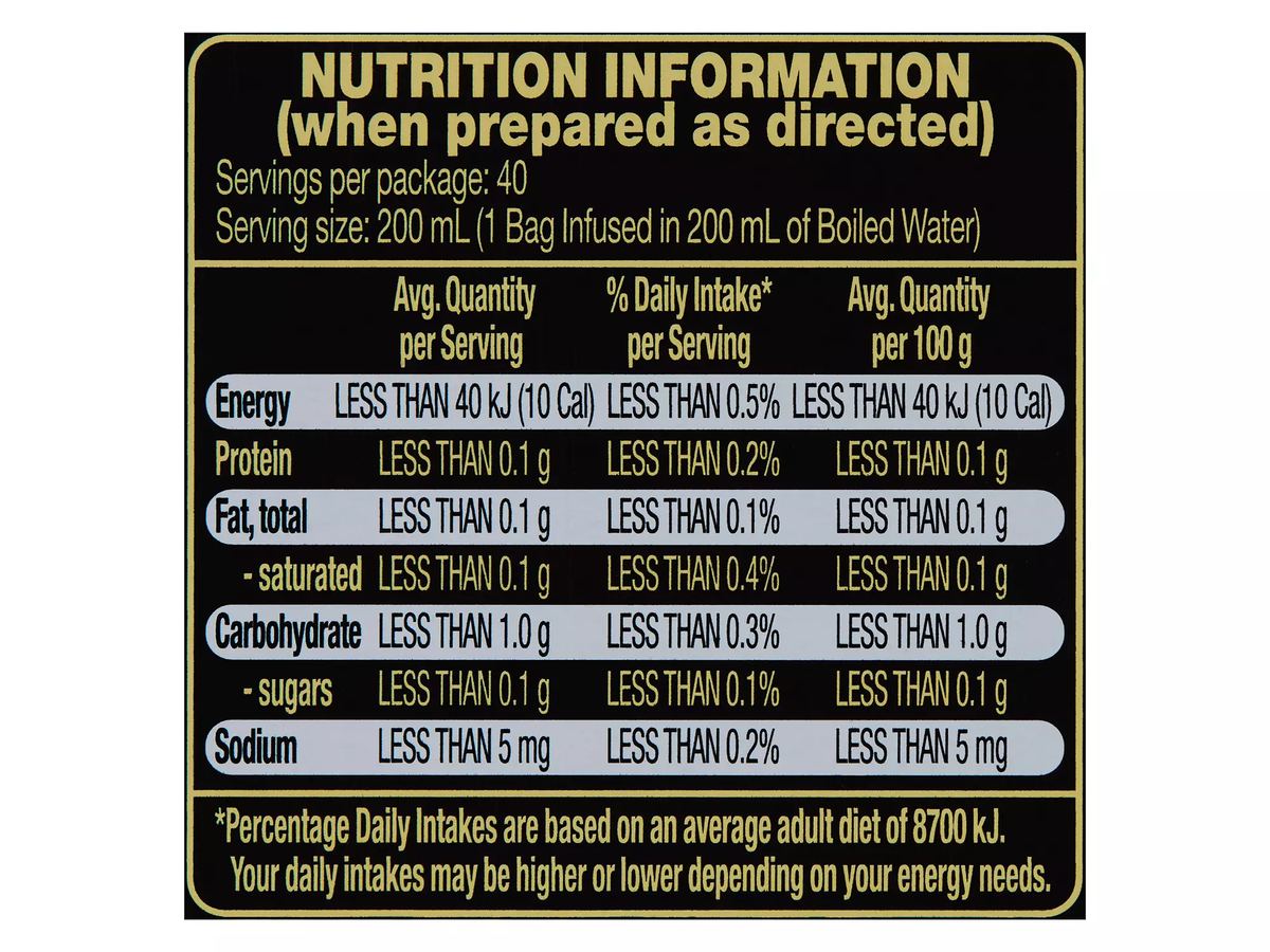 Pack photograph of DIPLOMAT Camomile Herbal Infusions 40 Pack 60g showing the printed nutrition panel
