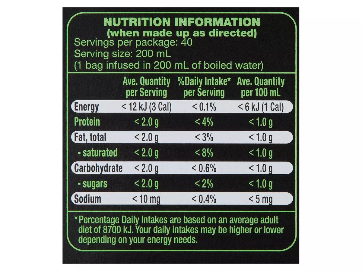 Pack photograph of DIPLOMAT Peppermint Herbal Infusions 40 Pack 60g showing the printed nutrition panel