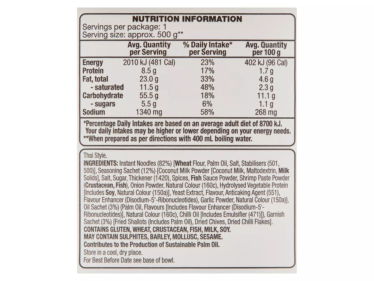 Pack photograph of URBAN EATS Red Curry Coconut Noodle Bowl 100g showing the printed nutrition panel