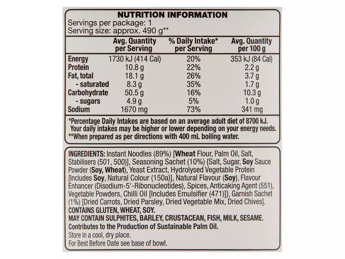 Pack photograph of URBAN EATS Peking Duck Noodle Bowl 90g showing the printed nutrition panel