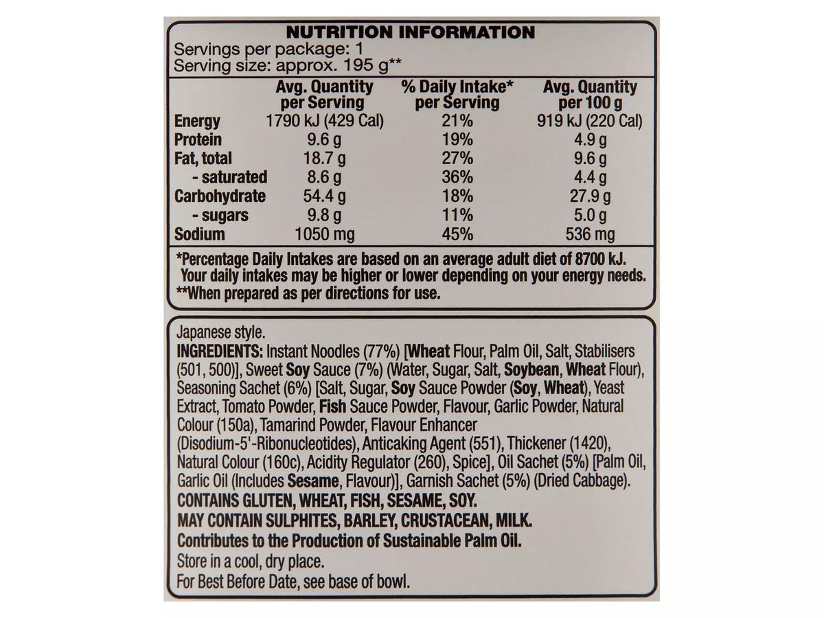Pack photograph of URBAN EATS Yakisoba Noodle Bowl 100g showing the printed nutrition panel