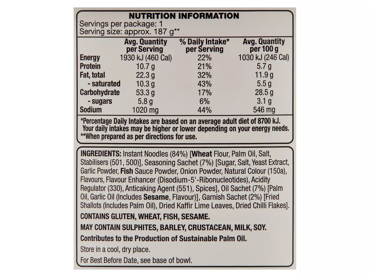 Pack photograph of URBAN EATS Thai Style BBQ Chicken Noodle Bowl 95g showing the printed nutrition panel