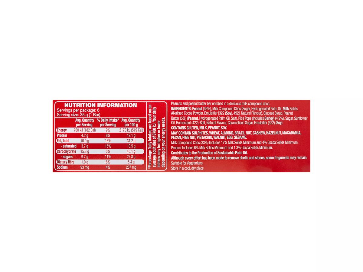 Pack photograph of HILLCREST Choc Peanut Nut Bars 6 Pack 210g showing the printed nutrition panel