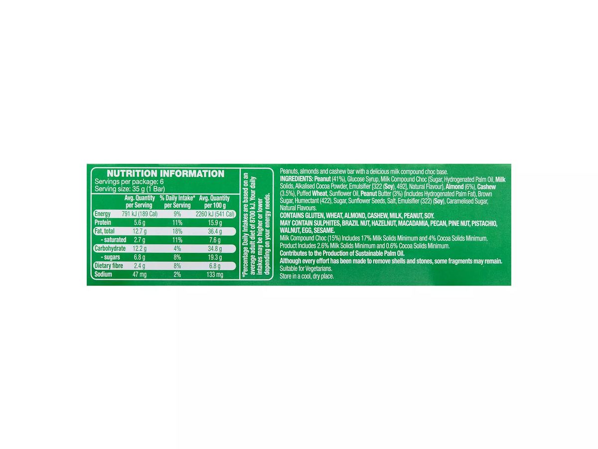 Pack photograph of HILLCREST Fruit Free Nut Bars 6 Pack 210g showing the printed nutrition panel