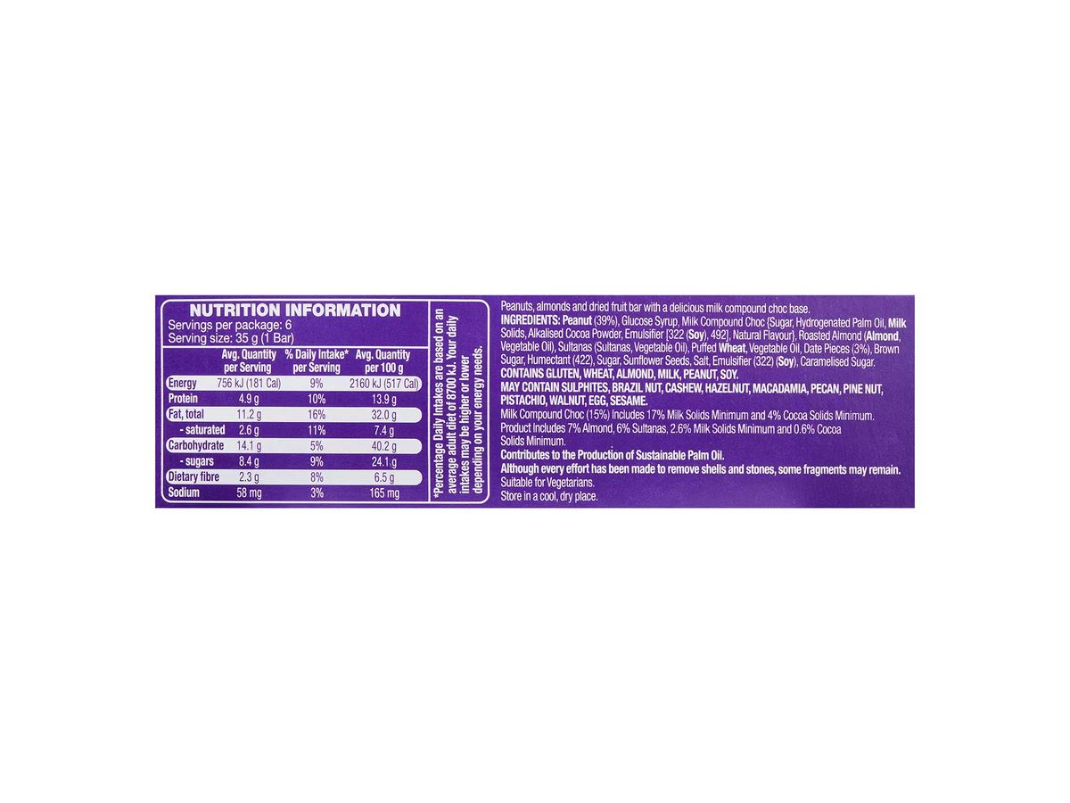 Pack photograph of HILLCREST Fruit & Nut Bars 6 Pack 210g showing the printed nutrition panel