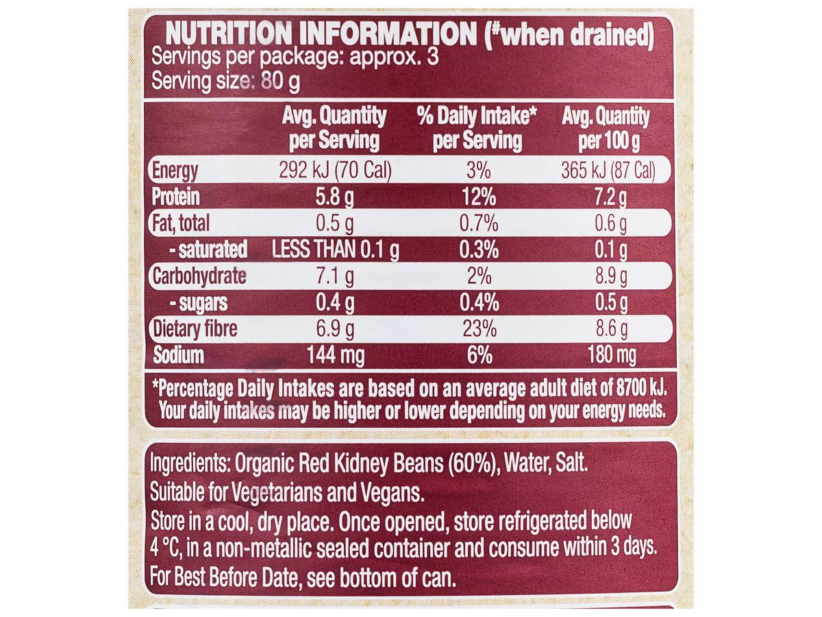 Pack photograph of NEW SEASON Organic Red Kidney Beans 425g showing the printed nutrition panel