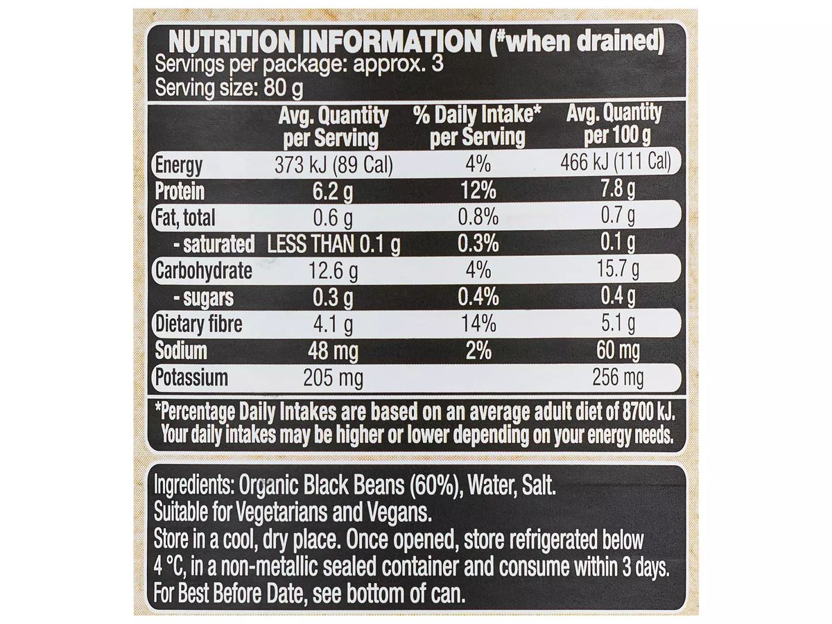 Pack photograph of NEW SEASON Organic Black Beans 425g showing the printed nutrition panel