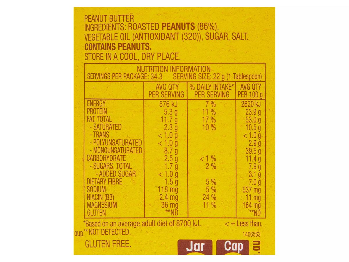 Pack photograph of BEGA Smooth Peanut Butter 755g showing the printed nutrition panel