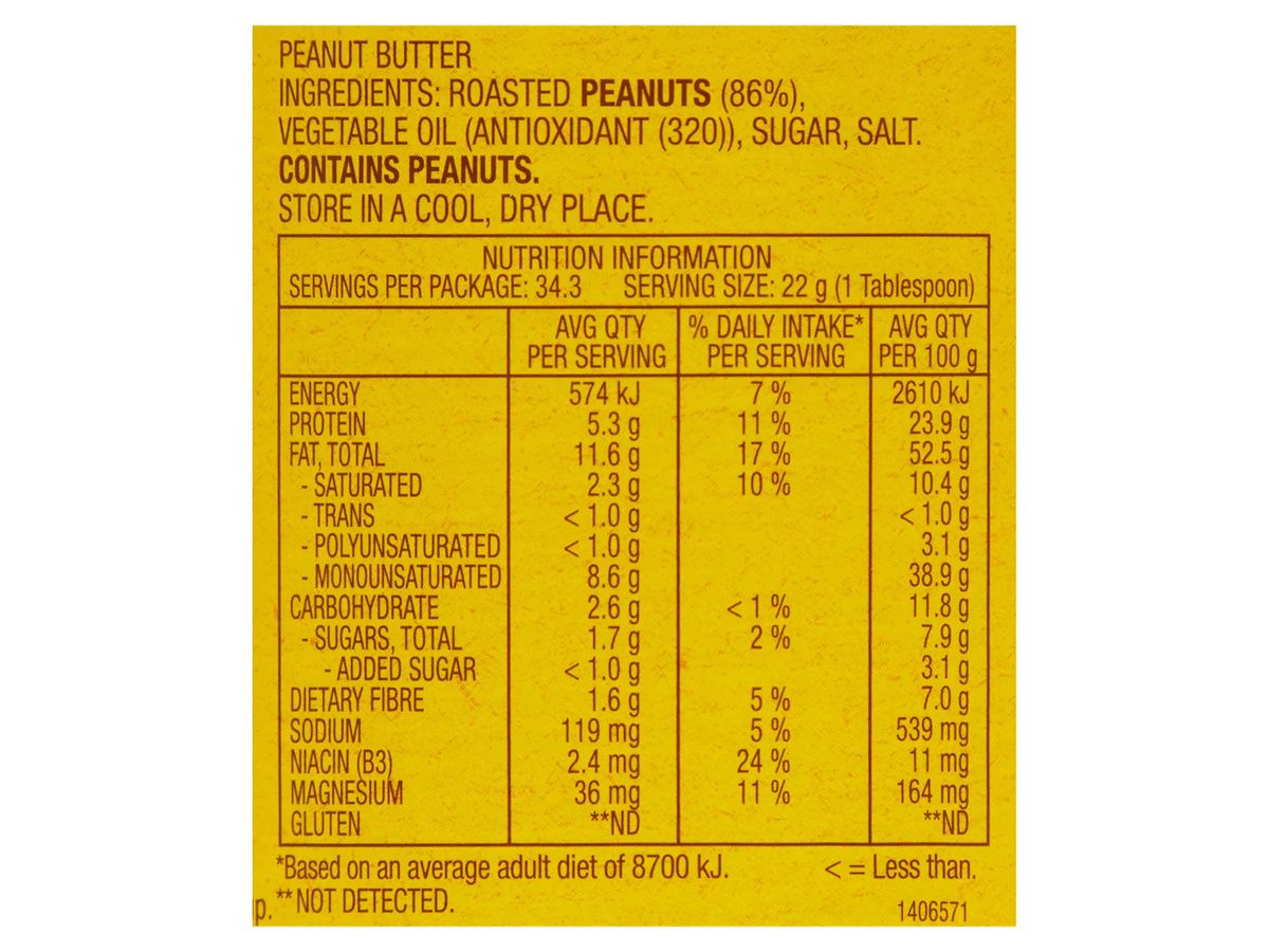 Pack photograph of BEGA Crunchy Peanut Butter 755g showing the printed nutrition panel