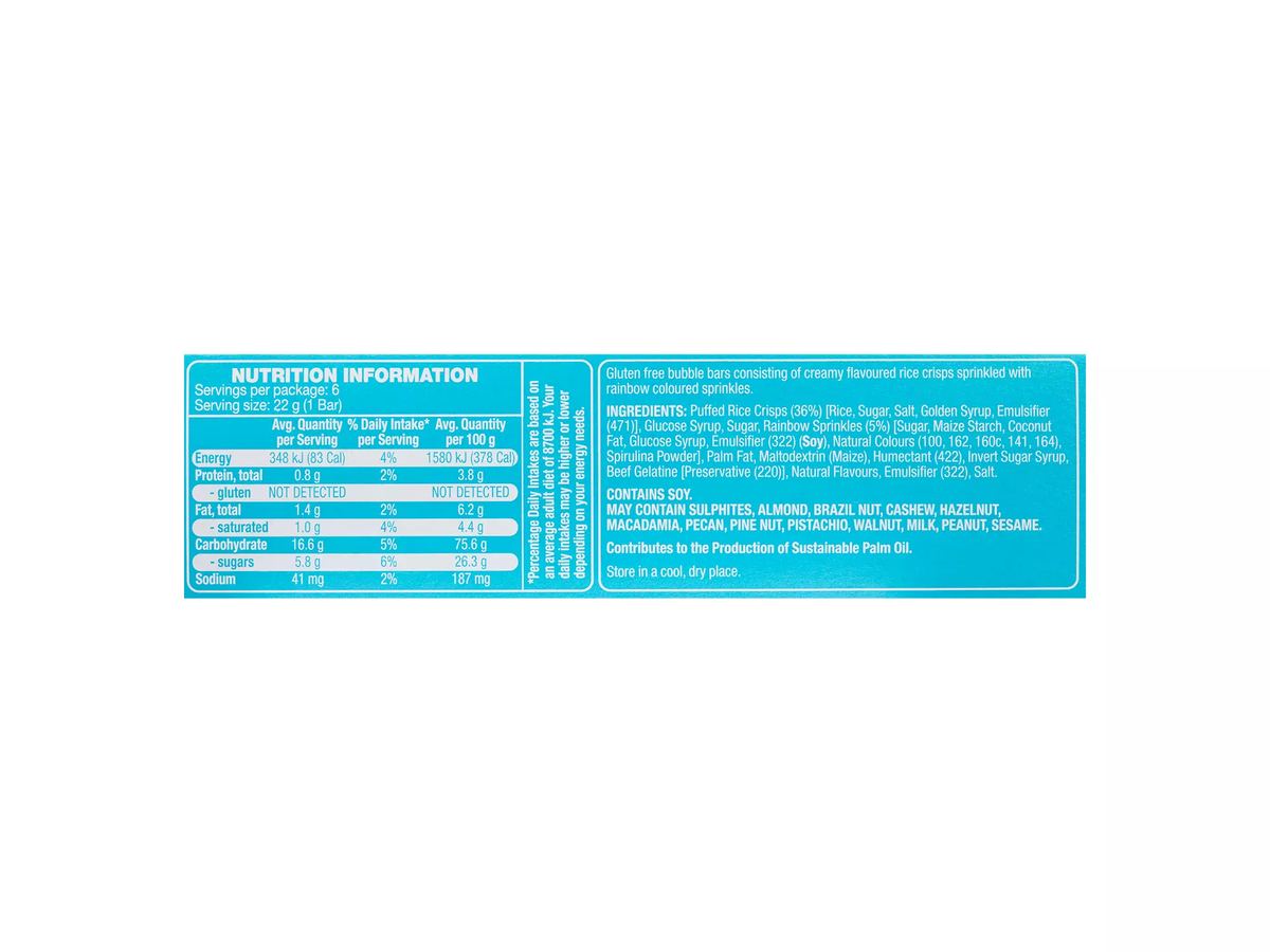 Pack photograph of HILLCREST Bubble Bars Birthday Cake 6 Pack 132g showing the printed nutrition panel