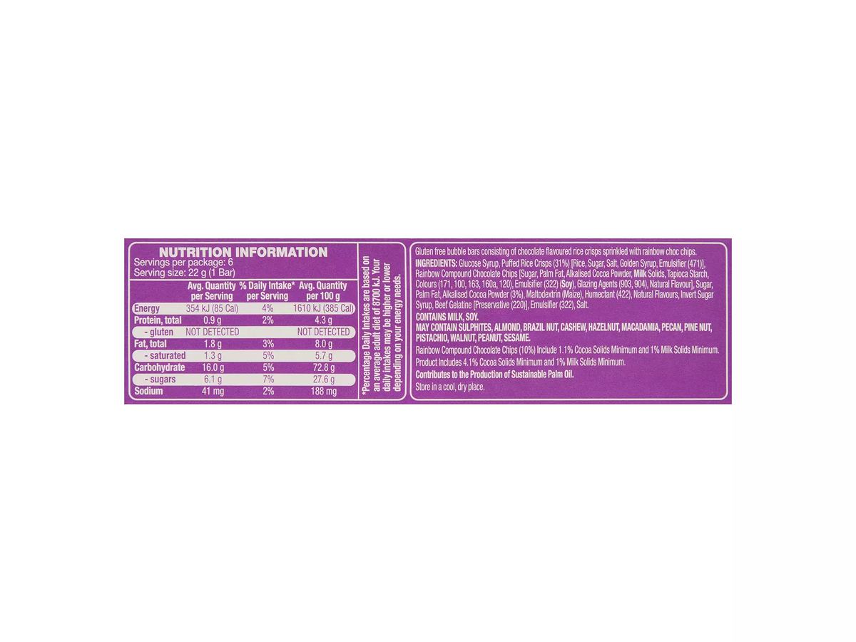 Pack photograph of HILLCREST Bubble Bar Choc Rainbow 6 Pack 132g showing the printed nutrition panel