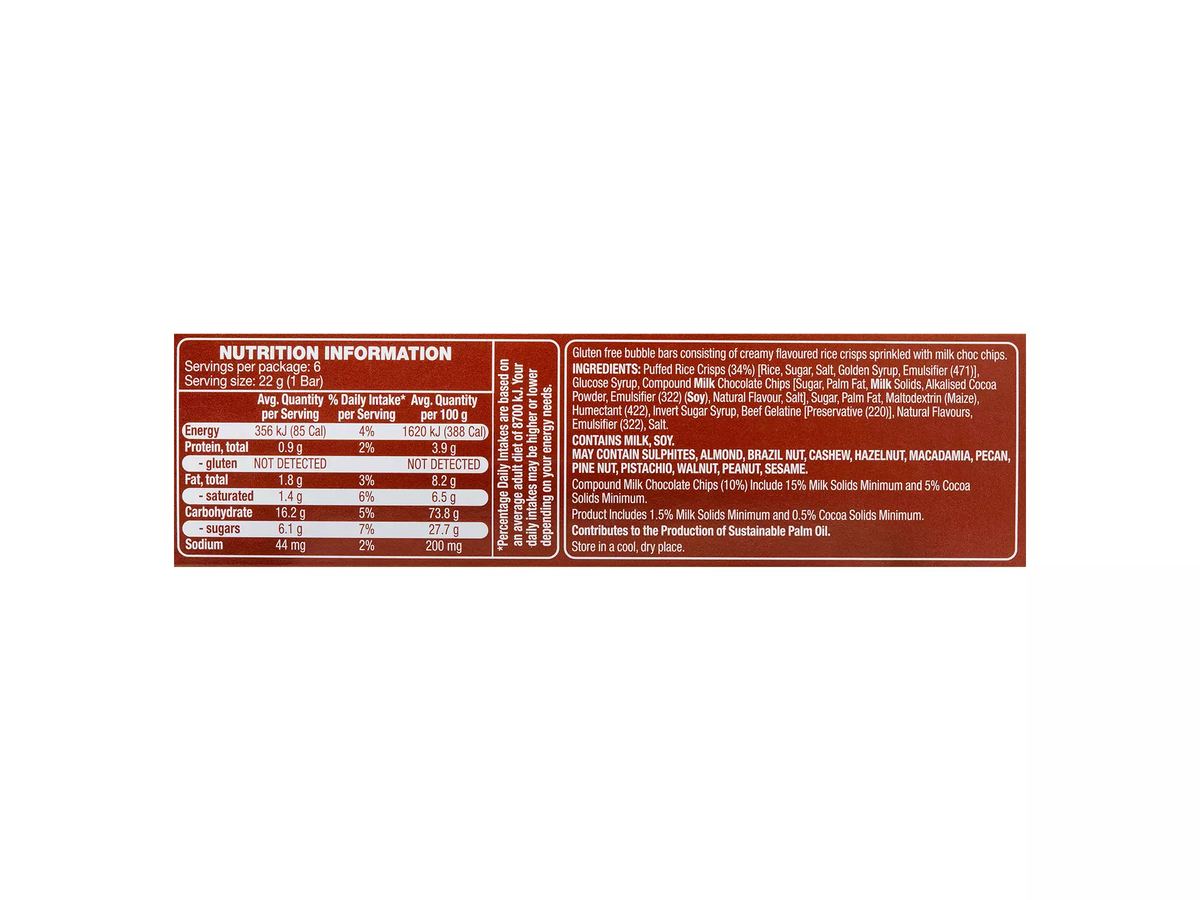 Pack photograph of HILLCREST Bubble Bars Chocolate Chip 6 Pack 132g showing the printed nutrition panel