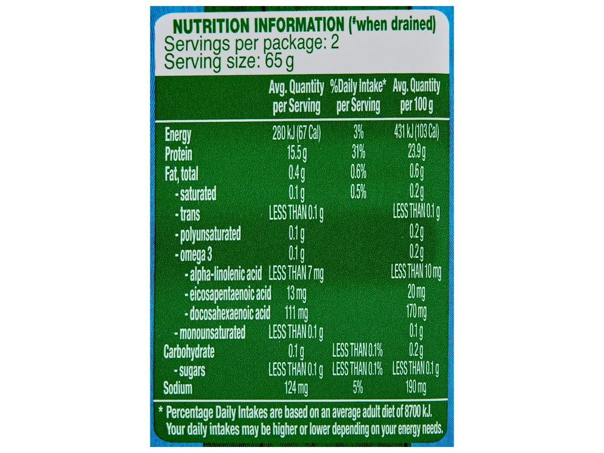 Pack photograph of PORTVIEW Tuna Chunks in Springwater 185g showing the printed nutrition panel