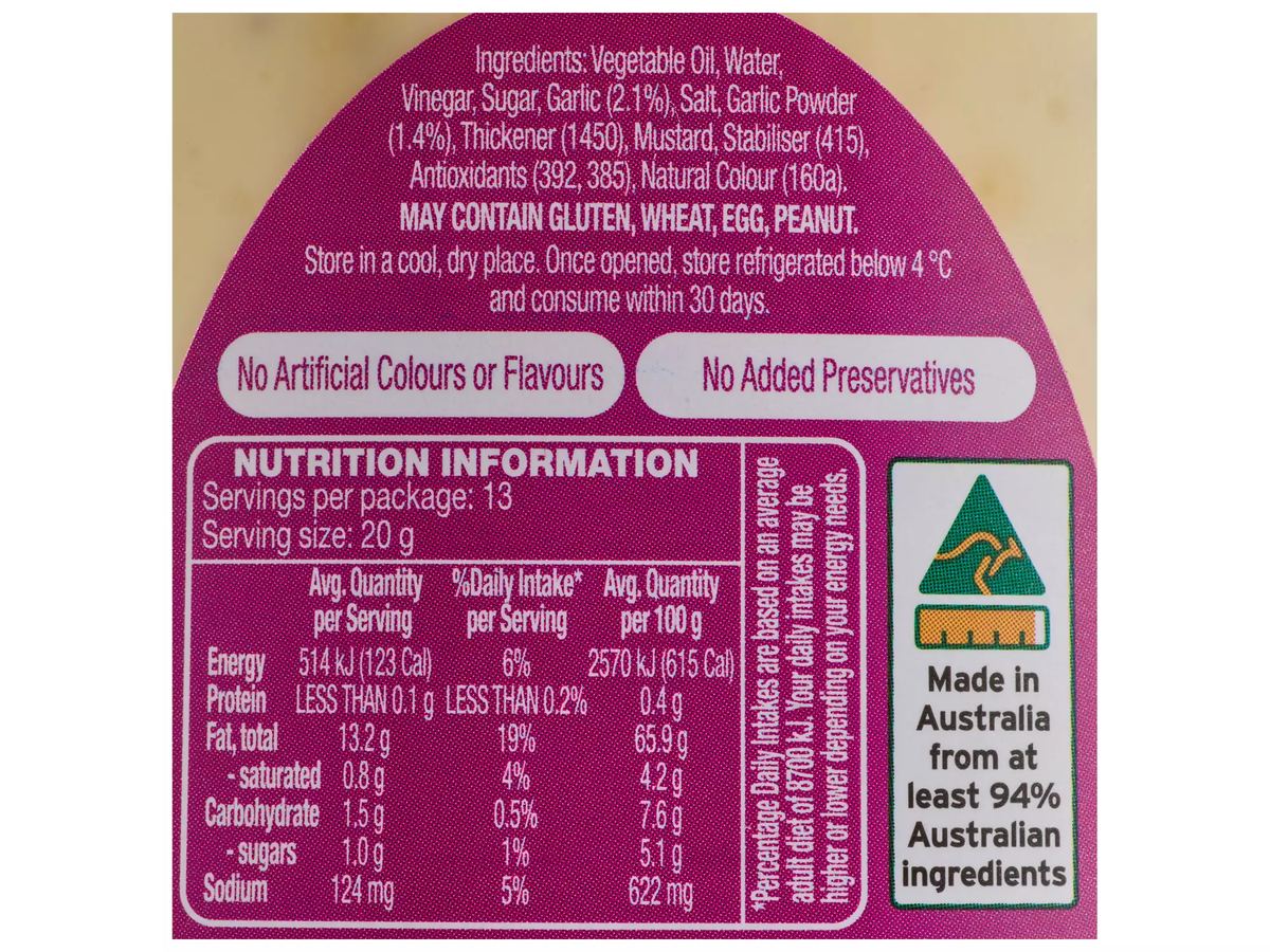 Pack photograph of COLWAY Garlic Aioli 260g showing the printed nutrition panel
