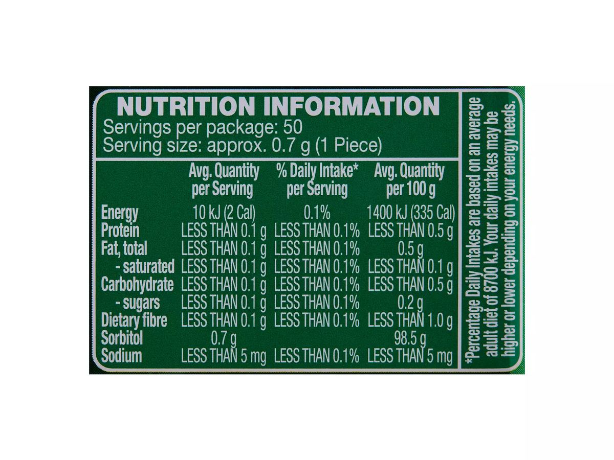 Pack photograph of BLITZ Spearmint Sugar Free Mints 36g showing the printed nutrition panel