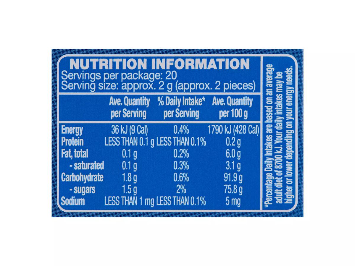 Pack photograph of BLITZ Peppermint Chewy Mints 40g showing the printed nutrition panel